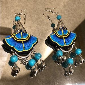 Blue and Silver Tasell Damgly Earrings with Beads